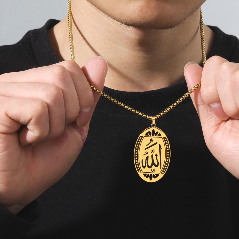 Kalung Muslim Islami Quran Allah Anti Karat Pria Warna Emas Perhiasan Kalung Rantai Islam Arab