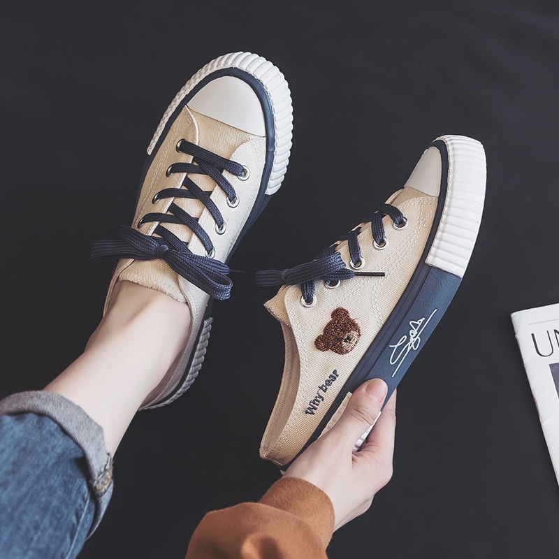 𝐄𝐁𝐒 ✅ COD SEP030 (Tanpa Kotak) Sepatu Sneakers Wanita Setengah Why Bear Kanvas Putih Sporty Model Korea Fashion Casual Sport Olahraga Import COD