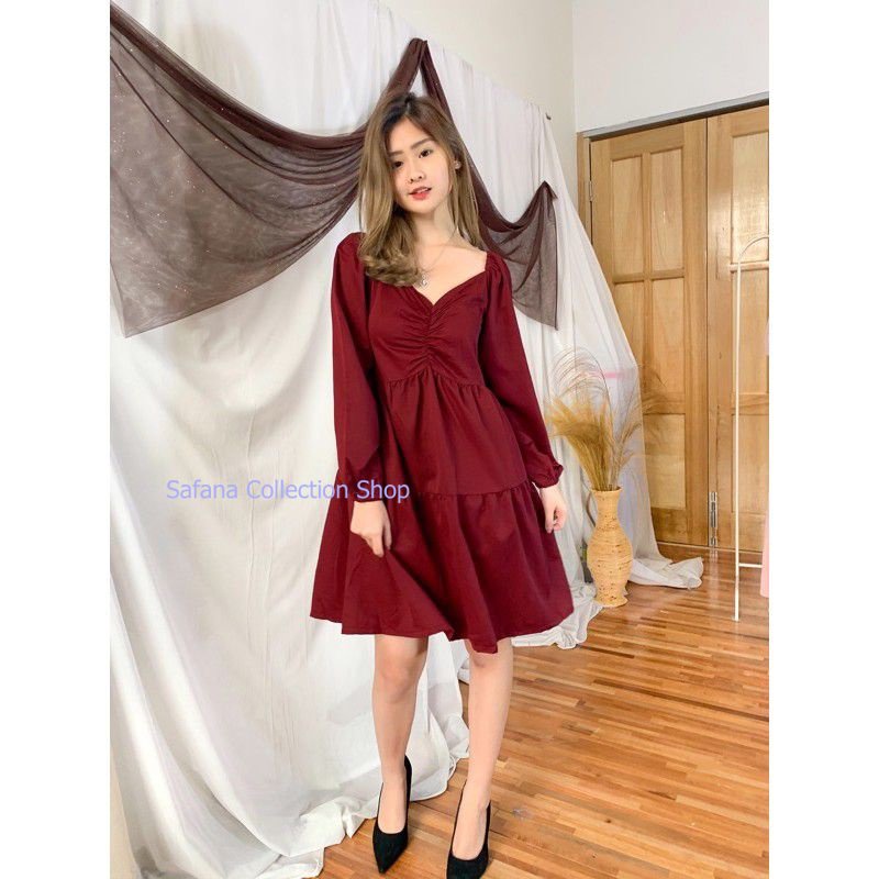 Anindita V Neck Dress / Dress Susun Lengan Panjang / Midi Dress Lengan Panjang Korean Style