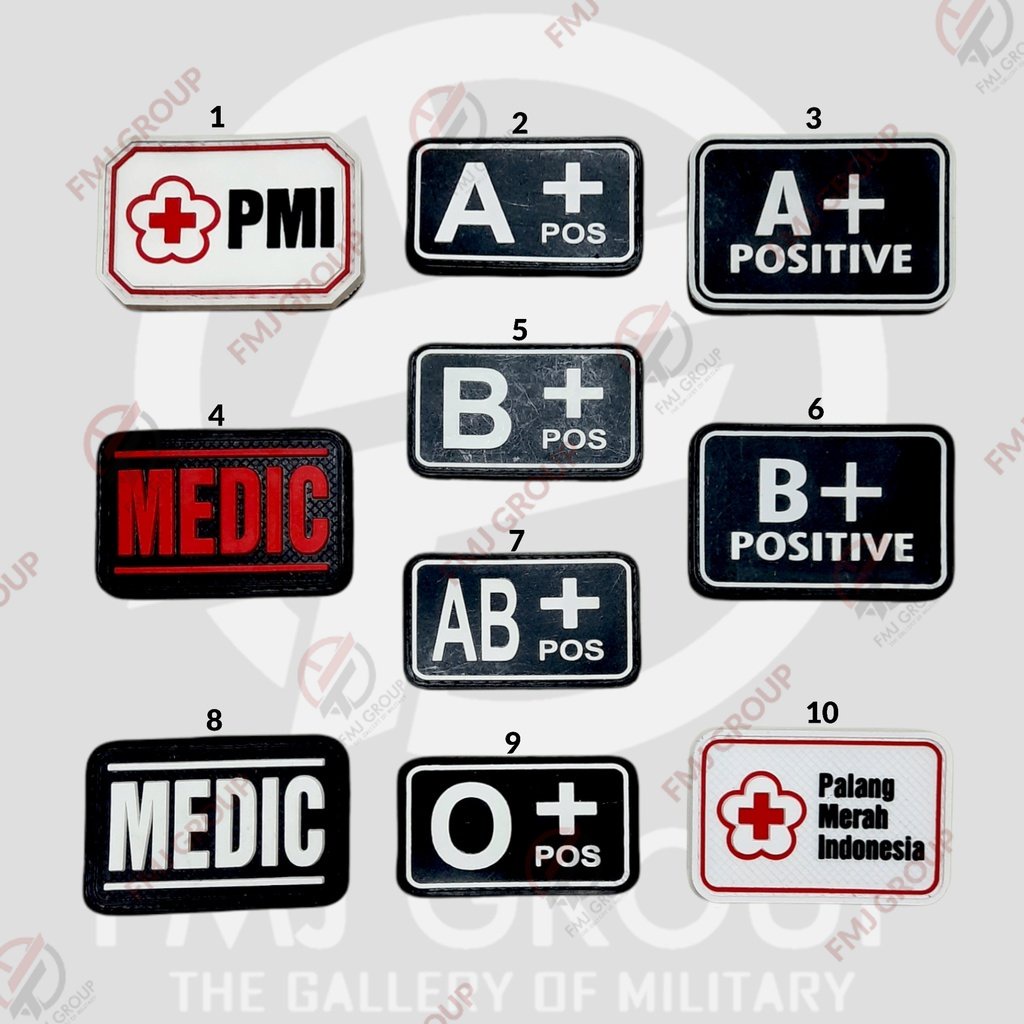 Emblem Patch Rubber Logo Medic, A+ Pos B+ Positive Logo PMI Palang Merah Indonesia, Golongan Darah