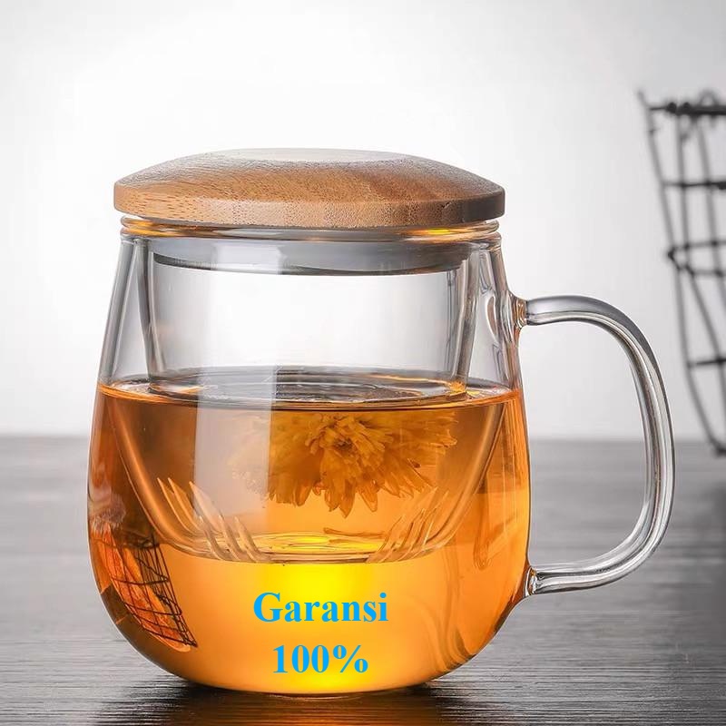 PROMO Gelas Saringan Rempah Mug Cangkir Gelas Kopi Teh Set Saringan Infuser Tutup Kayu / Gelas Kaca 