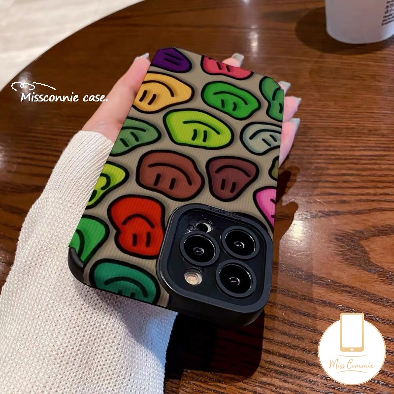 IPHONE Kartun Warna-Warni Smiley Phone Case Kompatibel Untuk Iphone11 14 12 13 Pro MAX XR 78 Plus X XS MAX 7Plus Graffiti Mewah Tekstur Kulit Lembut Shockproof Silicon Cover