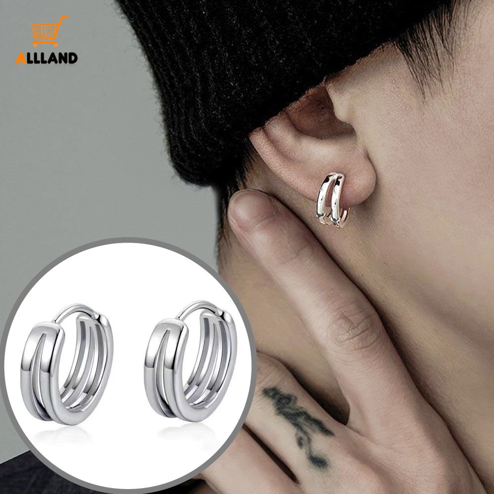 Anting Hoop Bulat Lapisan Ganda Geometris Sederhana/Anting Stud Bentuk Tetesan Air Logam Tebal/Perhiasan Unisex Vintage