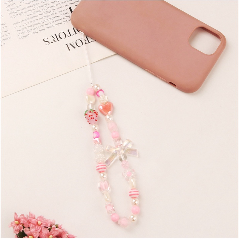 Gadis Lucu Pink Strawberry Anti Hilang Tali Universal Untuk Semua Ponsel Case Cover Manik-Manik Bunga Rantai Untuk iPhone Untuk Samsung Untuk OPPO Untuk VIVO Untuk Huawei Untuk Redmi Untuk Xiaomi