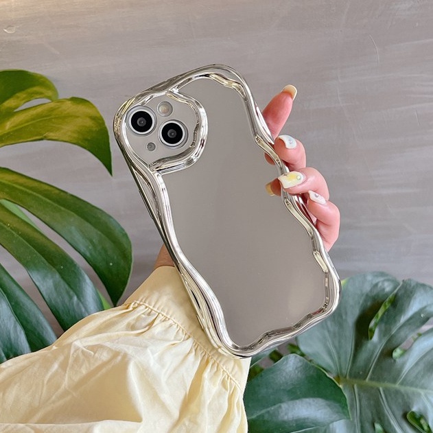 【Cream Wave】Pretty Mirror Silver Electroplate Phone Case for IPhone 11 13 12 14 PRO Max Make Up Phone Case for Women Girl