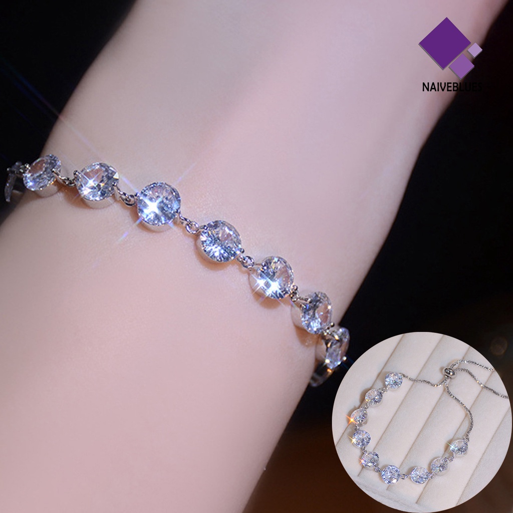 &lt; Naiveblues &gt; Wanita Gelang Adjustable Warna Perak Manik-Manik Bulat Elegan Slim Berlian Imitasi Remaja Bracelet