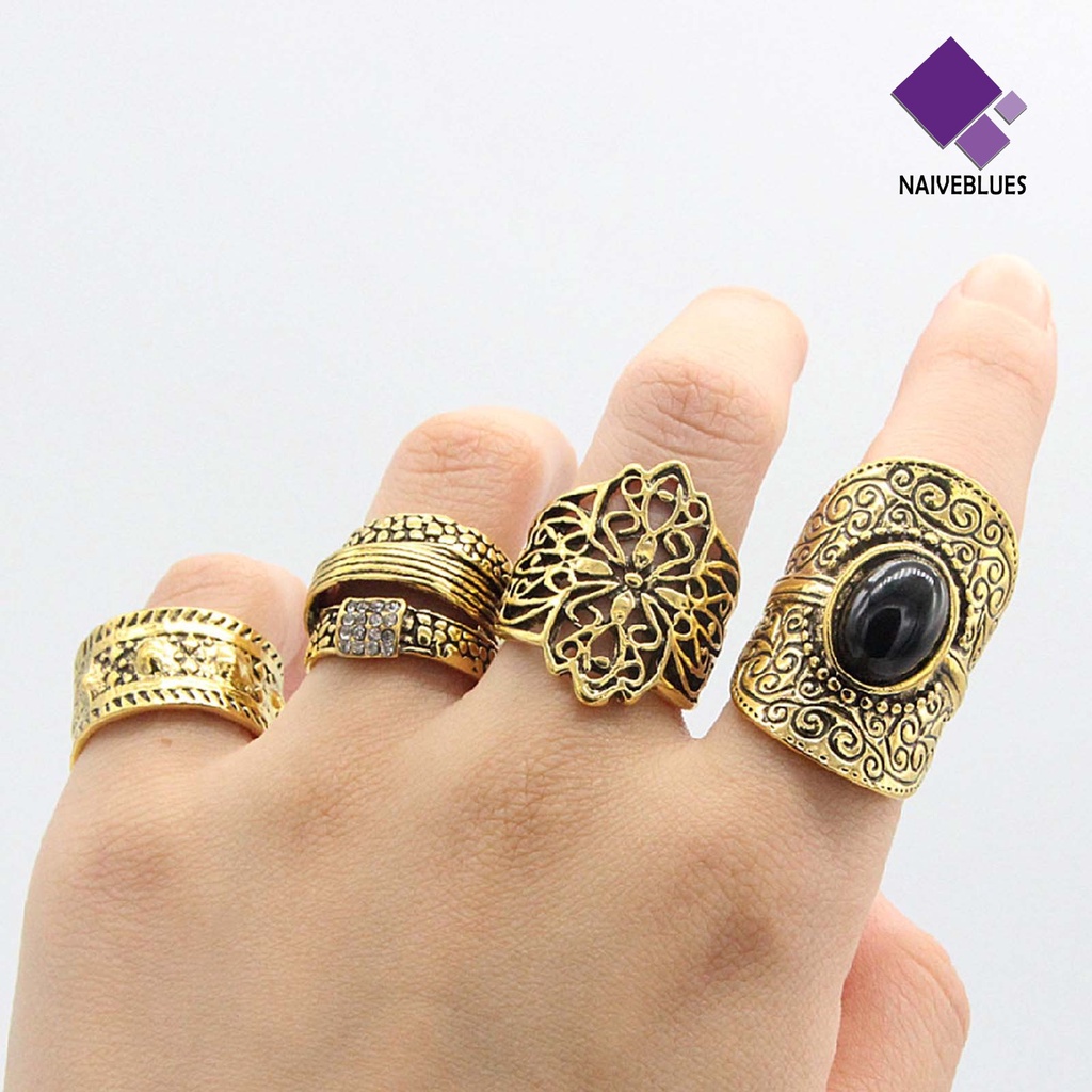 &lt; Naiveblues &gt; 4Pcs/Set Cincin Unisex Lebar Gaya Etnik Alloy Hollow Ukir Knuckle Rings Aksesoris