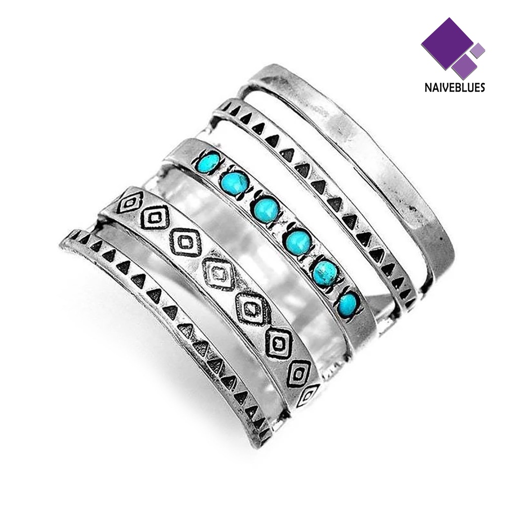 &lt; Naiveblues &gt; Wanita Cincin Multilayer Lebar Pirus Dekorasi Simbol Pola Berongga Bersama Cincin Aksesoris