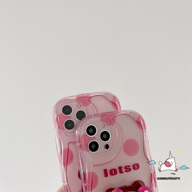 IPHONE Casing Ponsel Tepi Melengkung Bergelombang Kreatif 3D Kompatibel Untuk Iphone11 14 12 13 Pro Max XR X7 8 6s 6 Plus XS Max SE 2020 Kartun Beruang Strawberry Lucu Manyo Shockproof Soft Glossy Cover