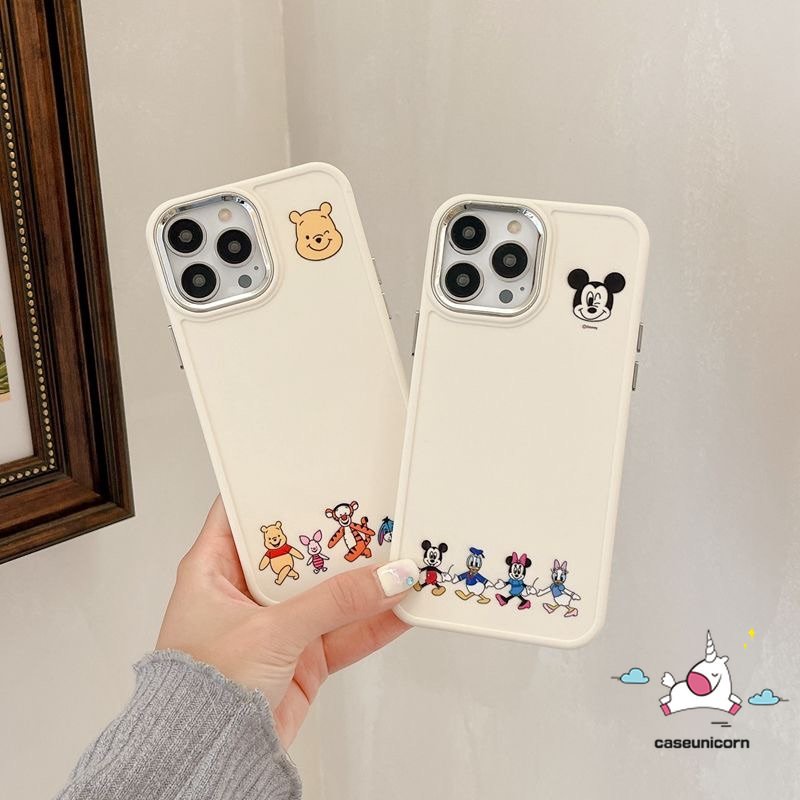 IPHONE Casing Frame Lensa Logam Plating Mewah Kompatibel Untuk Iphone14 11 12 13 Pro MAX X XR 7 8 Plus XS MAX Pasangan Caroon Lucu Disney Mickey Minnie Mouse Winnie The Pooh Bear Soft Cover