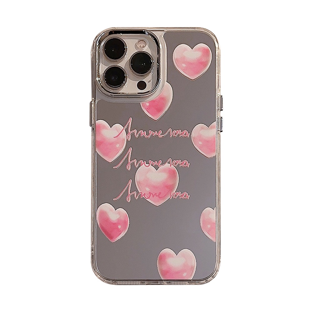 IPHONE Ins Membengkak Hati Pink Plating Cermin Casing Transparan Untuk Iphone14 11 12 13 PRO MAX Casing Cover Pelindung AT0258