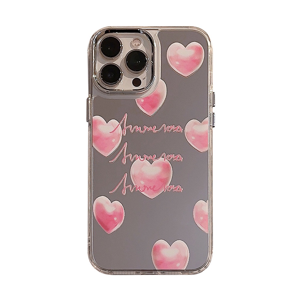 IPHONE Ins Membengkak Hati Pink Plating Cermin Casing Transparan Untuk Iphone14 11 12 13 PRO MAX Casing Cover Pelindung AT0258