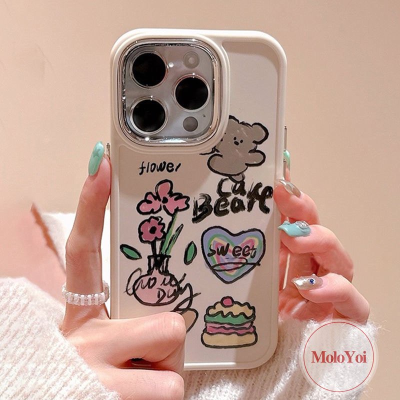 Cinta Hati Lucu Kucing Anjing Beruang Casing Ponsel Kompatibel Untuk IPhone 7Plus 11 13 14 12 Pro Max XR 87 Plus X XS Max Art Kartun Graffiti Bunga Plating Bingkai Lensa Logam Soft Cover