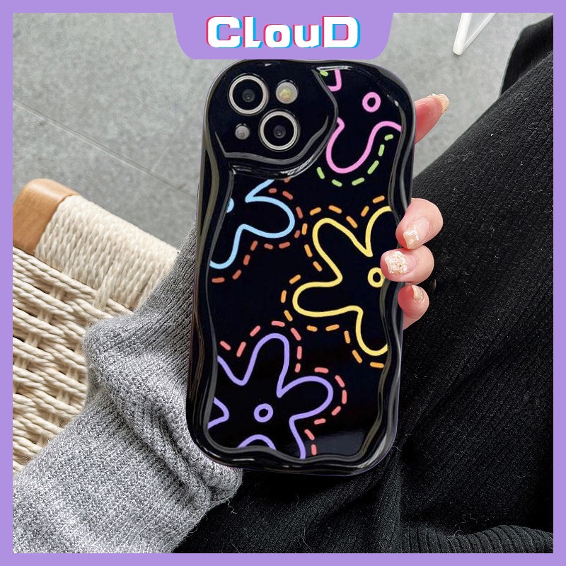 3d Wavy Curved Edge Shockproof Glossy Floral Phone Case Kompatibel Untuk iPhone 7Plus XR X11 14 12 13 Pro Max 6s 6 7 8 Plus XS Max SE 2020 Fashion Garis Sederhana Bunga Soft Cover