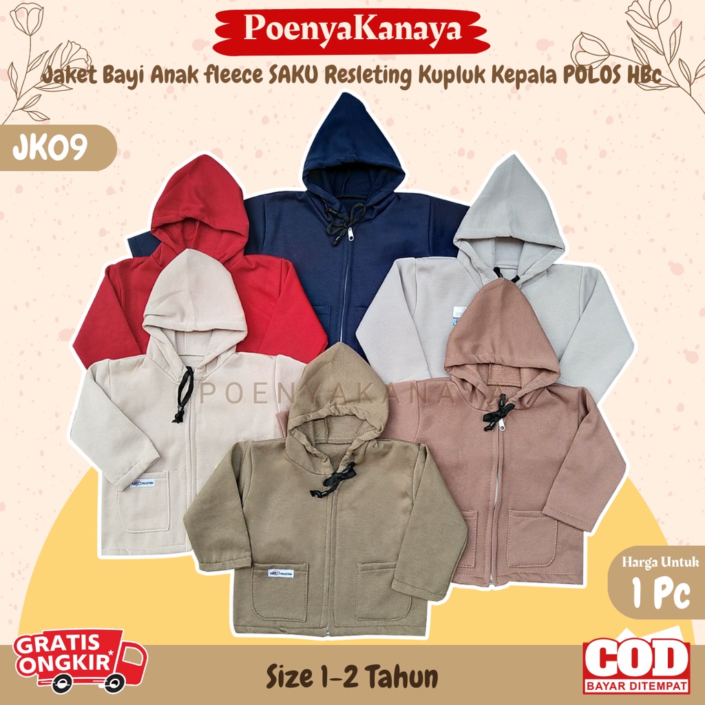 Jaket Bayi Anak fleece SAKU Resleting Kupluk Kepala POLOS HBc Size 6-18 Bulan JK09