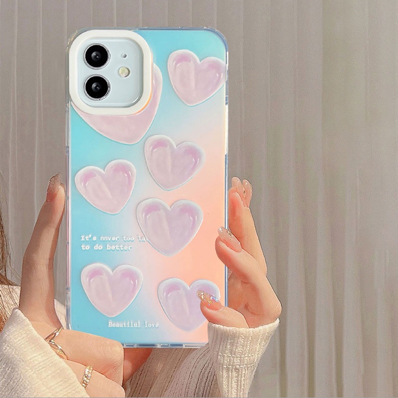 Compatible For IPhone 14 13 12 11 Pro Max X XR Xs Max 8 7 Plus SE 2020 Kompatibel Untuk Cinta Hati Yang Indah IMD Gradiasi Laser Casing Ponsel TPU Lembut Shockproof Cover Pelindung