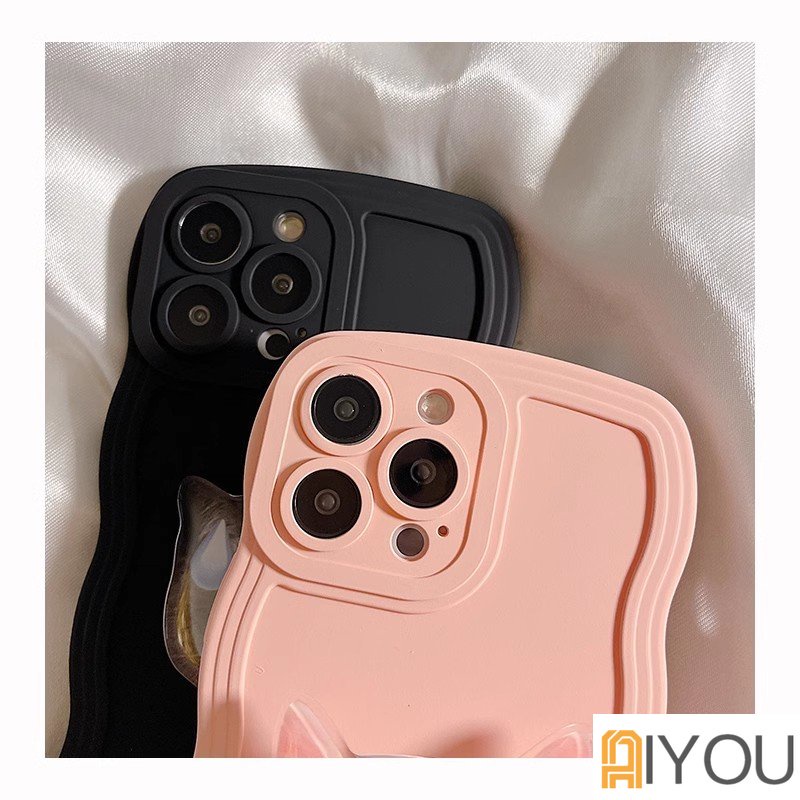 Casing Silikon Cair Lembut Gelombang Keriting Untuk iPhone 14 Pro Max13 12 Mini 11 Pro X XR XS Max7 8 Plus Cover Perlindungan Lensa INS Korea Lucu 3D Kucing Lucu Stand Griptok Support