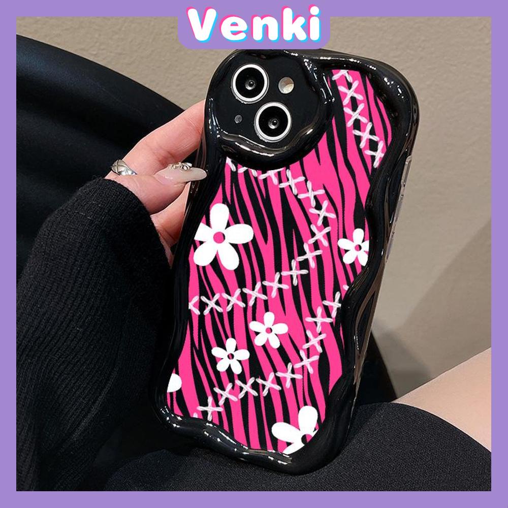 VENKI - For iPhone 11Phone Case Curved Edge Wave Case Glossy Black TPU Airbag Shockproof Camera Case White Floral Compatible with iPhone 14 13 Pro max 12 Pro Max xr xs max 7 8Plus