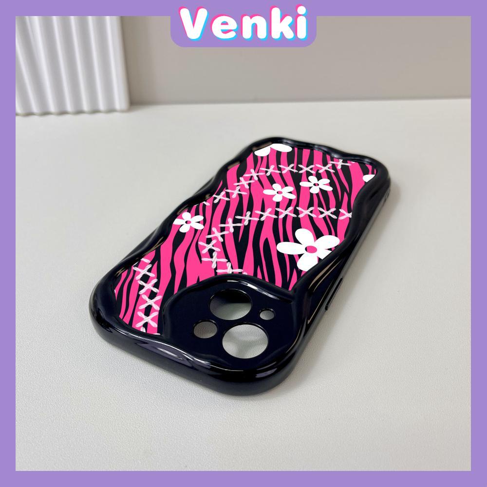 VENKI - For iPhone 11Phone Case Curved Edge Wave Case Glossy Black TPU Airbag Shockproof Camera Case White Floral Compatible with iPhone 14 13 Pro max 12 Pro Max xr xs max 7 8Plus