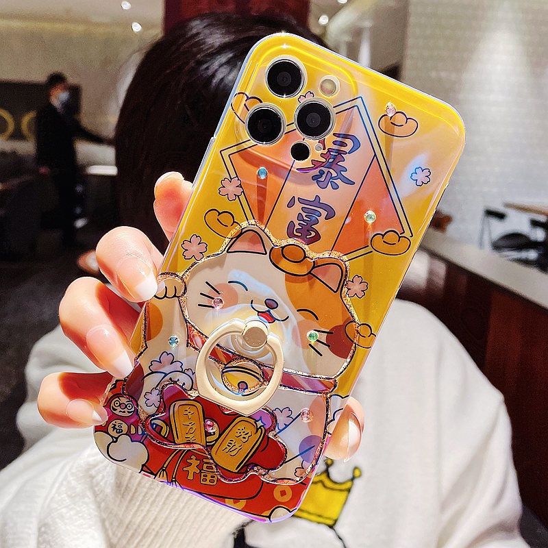IPHONE Dapatkan Rich Jelly Glitters Lucky Cat Dengan Ring Holder Desain Phone Case Kompatibel Dengan Iphone12 13 14 11 Pro Max X Xs Max Xr Ffdsx