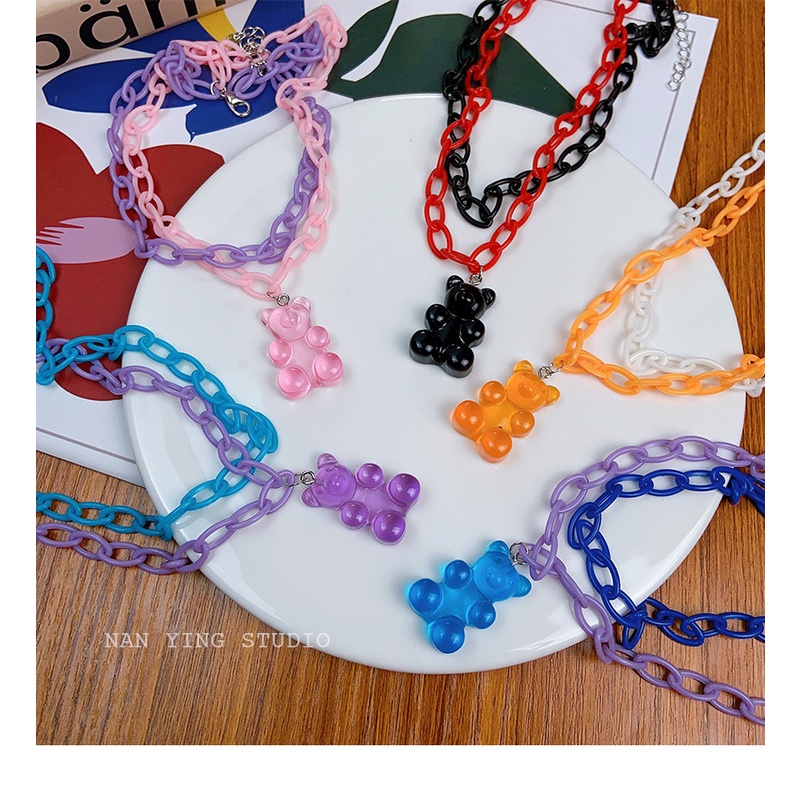 Gaya Harajuku Childlike Manis Keren Kalung Lucu Kartun Menyenangkan Biru Warna-Warni Gummy Bear Liontin Double Layer Klavikula Rantai Perempuan