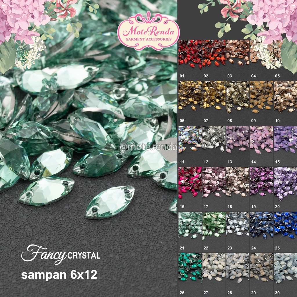 Payet kristal jahit diamond Fancy, bentuk navette, size 6x12mm (harga per lusin), kode 3SFC