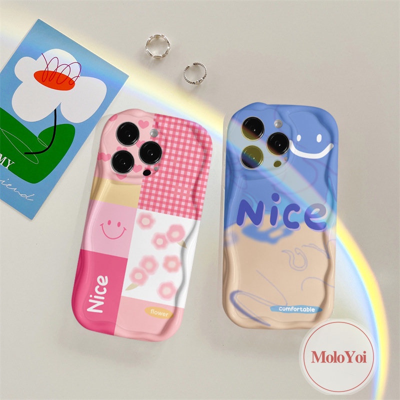 IPHONE Casing Belakang Tepi Melengkung Bergelombang 3D Kompatibel Untuk Iphone11 13 12 14 Pro Max XR X XS Max 86s 7 6 Plus SE 2020 Simple Letter Smile Motif Kotak-Kotak Bunga Pink Soft Tpu Cover