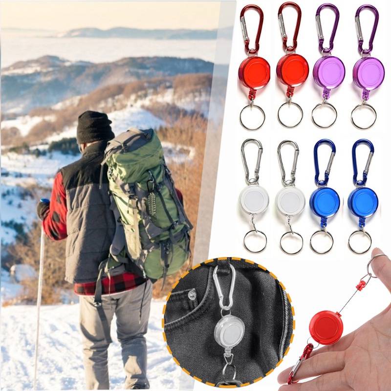 Mini Multicolor Teleskopik Anti-Pencurian Baja Cord Pass ID Card Keyring Gantungan Kunci Gulungan Lencana Plastik Yang Dapat Ditarik Multifungsi Carabiner Baja Wire Cord Gadget Luar Ruangan