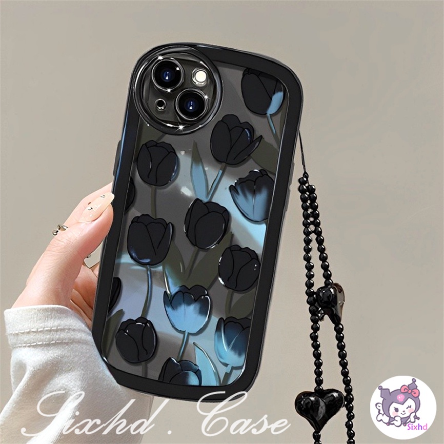 IPHONE Kompatibel Untuk Iphone8 7Plus X Xs Xr Untuk Iphone11 14 13 12 Pro Max SE 2020 Xs Max Fashion Tulip Hitam Silikon Oval Kamera Ponsel Case Soft Cover