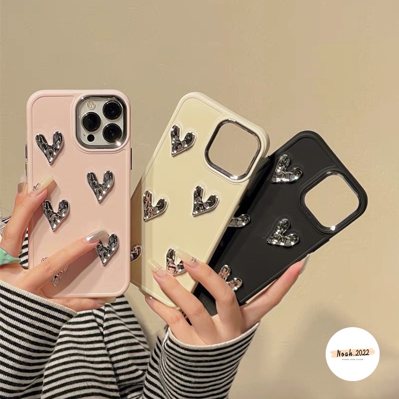 IPHONE Casing Persegi Plating Cinta Hati 3D Kompatibel Untuk Iphone11Xr 7Plus 8Plus 14 12 13 11 Pro MAX X XS MAX Mewah Mode Canggih Simple Solid Macaron Warna Permen Lembut Ponsel Cover