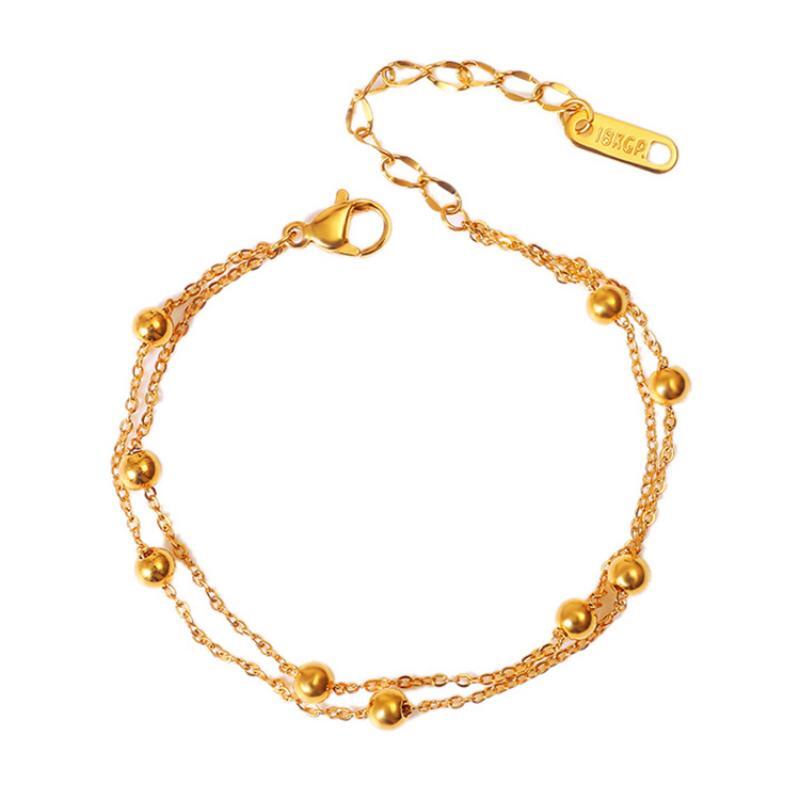 Gelang titanium Anti Karat Emas 18K Wanita Rantai Ganda Keberuntungan Manik Tangan Ornamen