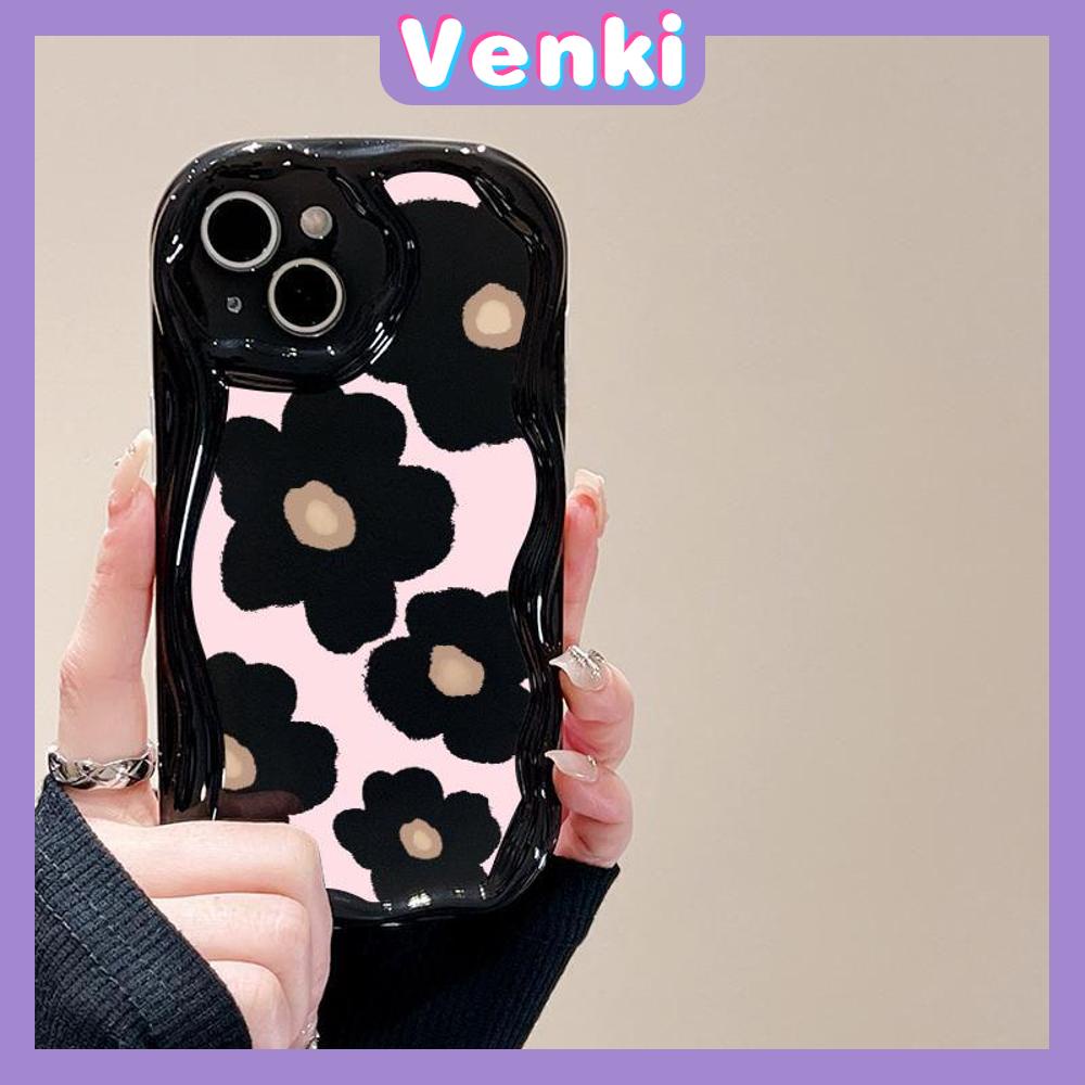 VENKI - Untuk iPhone 11 Case Curved Edge Wave Case Glossy Black TPU Airbag Tahan Guncangan Kamera Case Bunga Lucu Kompatibel dengan iPhone 14 13 Pro max 12 Pro Max xr xs 7Plus 8PLus