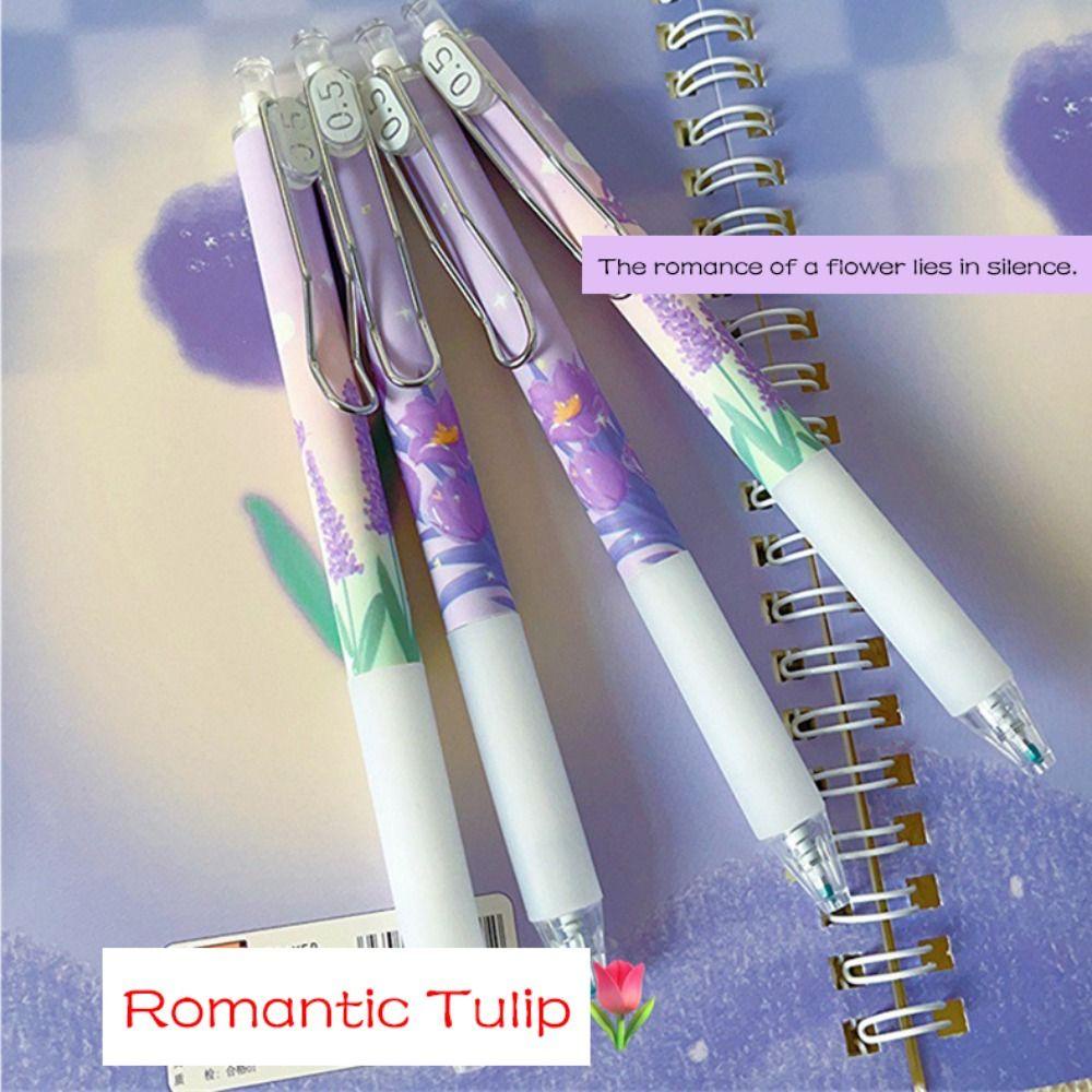 Populer 4PCS/Set Gel Pulpen Rose Kartun Dengan Klip Alat Tulisan Tinta Hitam Tulip Signature Pen