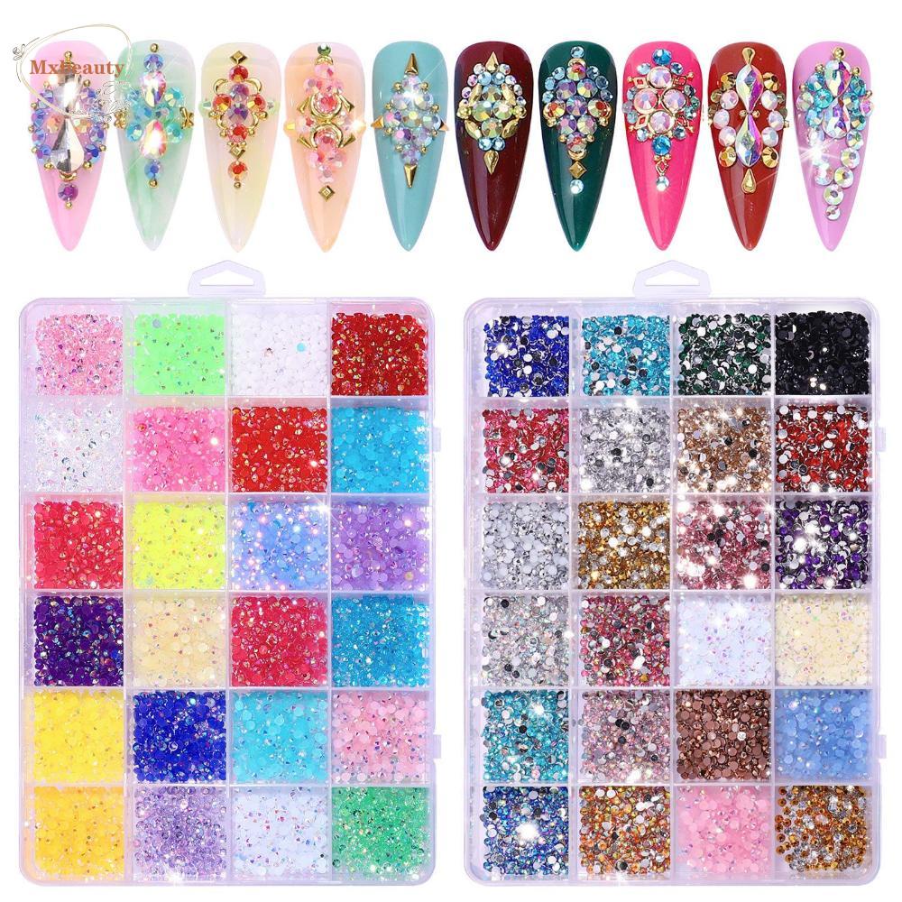 Mxbeauty Perhiasan Kuku Kristal Warna-Warni 24grids Manicure Fluorescent Nail Ornaments Sparkly 3D Nail Charms