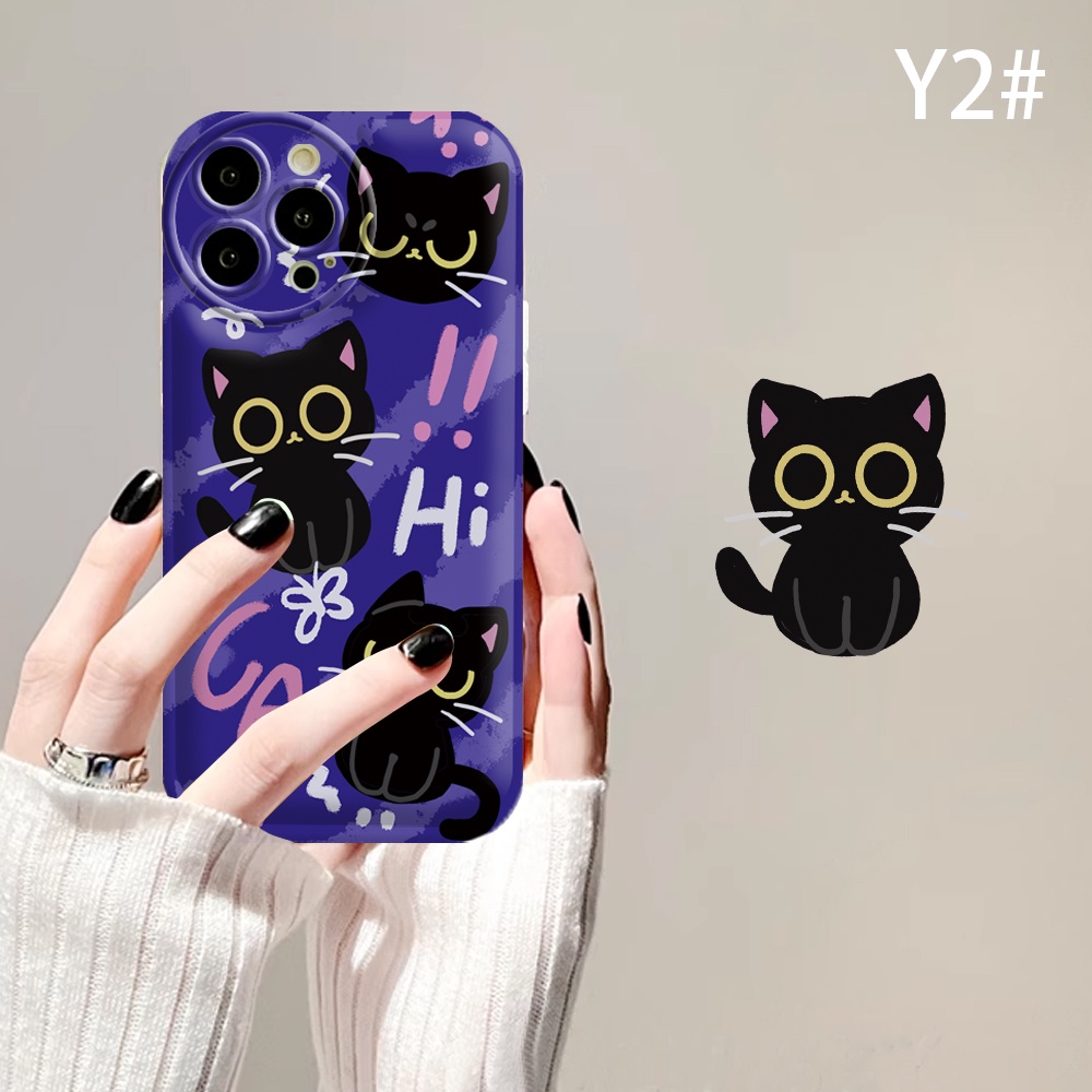 Oppo Reno 8T 4G A57 A16 A16K A17 A5S A12 A3S A12E A92 A52 F1S A53 A33 A31 A9 A5 A15 A15S A54 F9 C1 Graffiti Black Cat Air cushion TPU Phone Case Dengan Bracket Binteacase