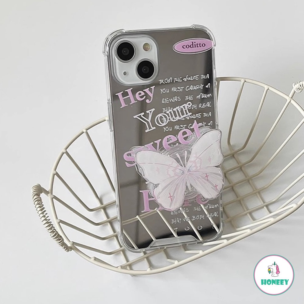 Ins Pink English Mirror Phone Case Untuk iPhone 14 Pro Max11 12 13 Pro Max XS XR 8 7plus Butterfly Stand Anti-Shock Back Cover