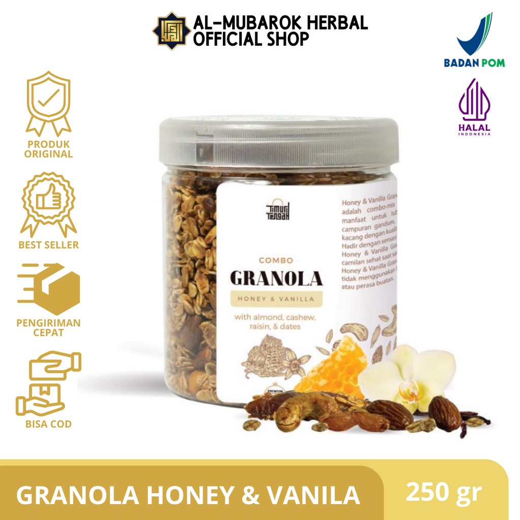 

Timur Tengah Combo Granola Honey Vanilla Premium 250 Gram Garnola Sereal Makanan Sehat High Quality 250g Cemilan Diet Sarapan Sehat Oat Gandum Utuh Kismis Kurma Almond Mede Mete Rasa Madu Vanila 250Gram