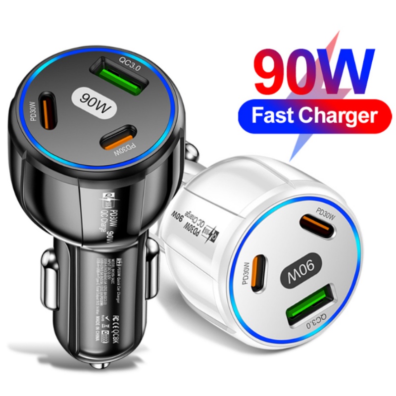 3-in-1 90W Charger Mobil 3port USB +2PD Tipe C Pengisian Cepat QC3.0 Adaptor Telepon Charge Aksesoris Otomatis