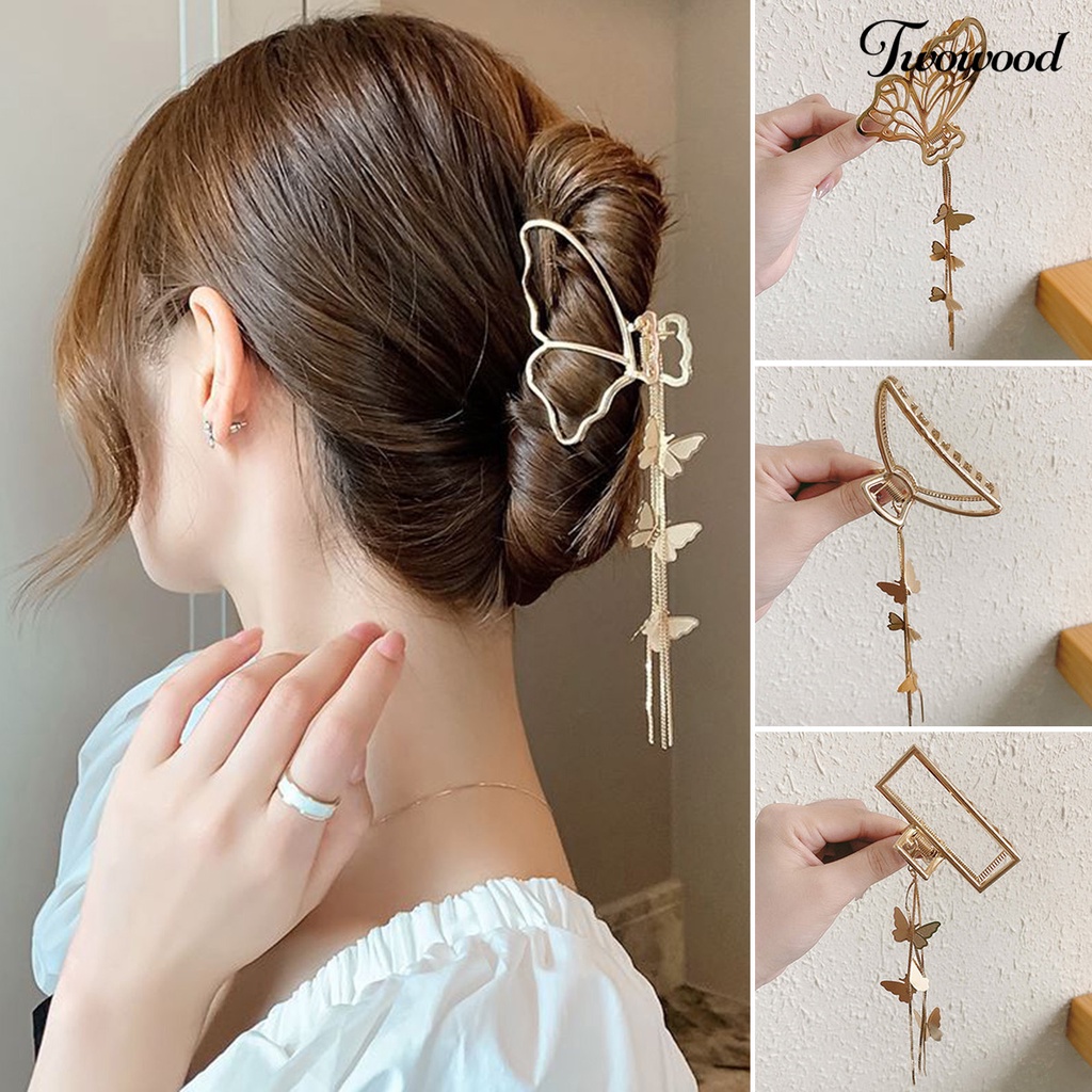 Twowood Hair Grip Tassel Non-slip Cakar Kuat Berongga Keluar Warna Solid Dekorasi Rambut Tepi Halus Anti Patah Ponytail Claw Aksesoris Rambut