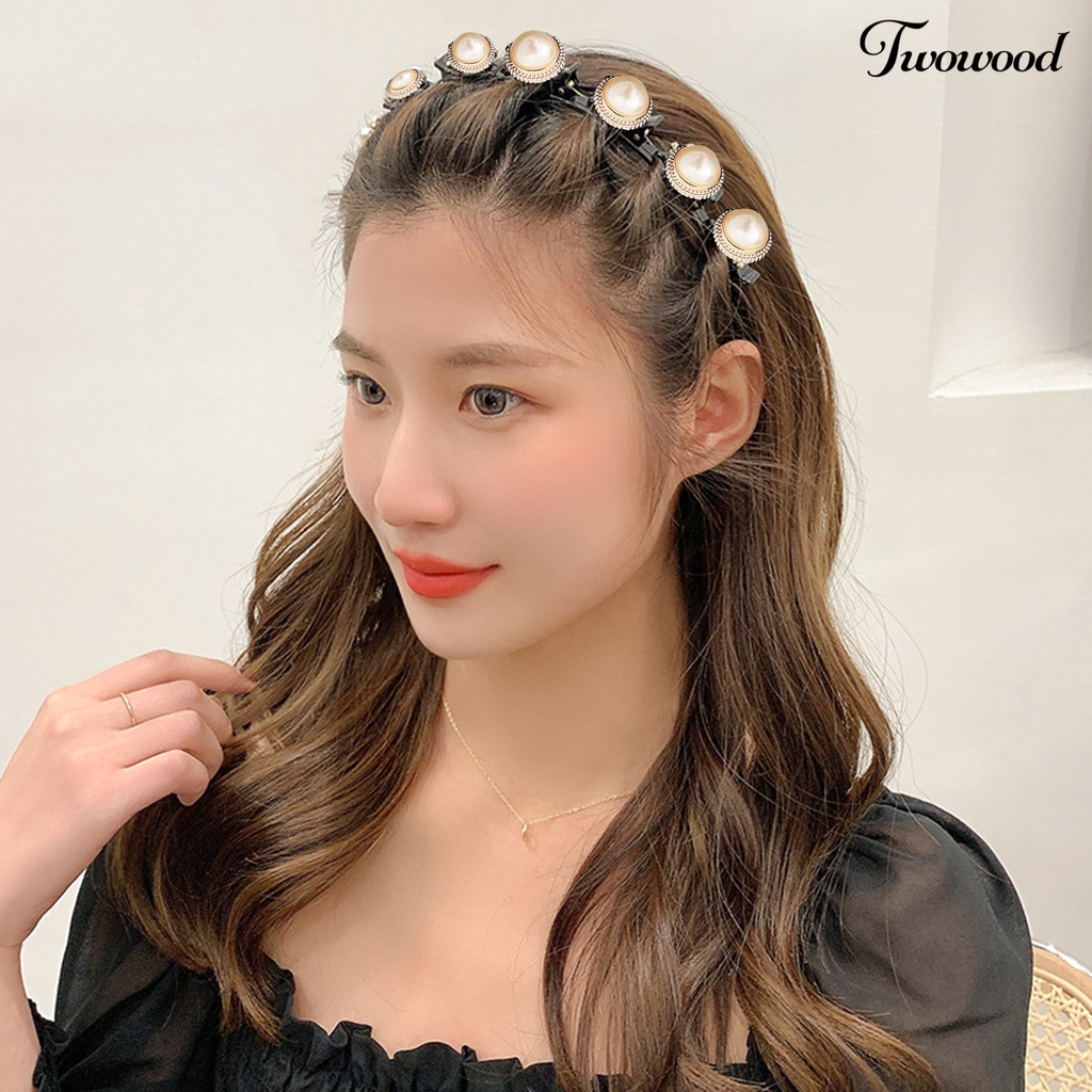 Twowood Bersinar Berlian Imitasi Mutiara Imitasi Dekorasi Bunga Wanita Headband Non-slip Elastis Double Layer Poni Klip Rambut Hoop Aksesoris Rambut