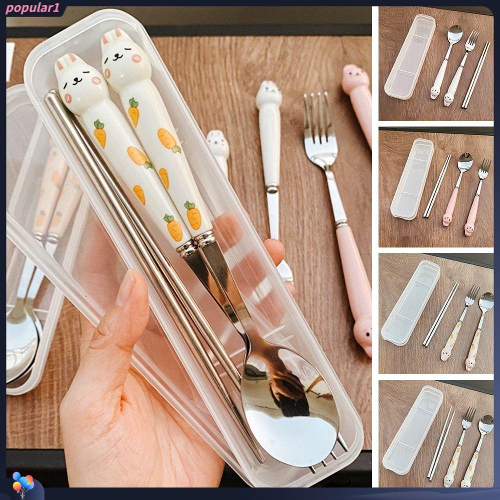 Populer Set Alat Makan Portable 3in1 Dengan Kotak Penyimpanan Piknik Peralatan Makan Stainless Steel