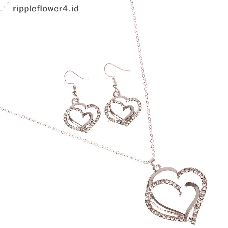 {rippleflower4.id} Indah Ganda Hati Kalung Anting Set Perhiasan Pesona Wanita Perhiasan Fashion Bridal Aksesori Set Hadiah Romantis~