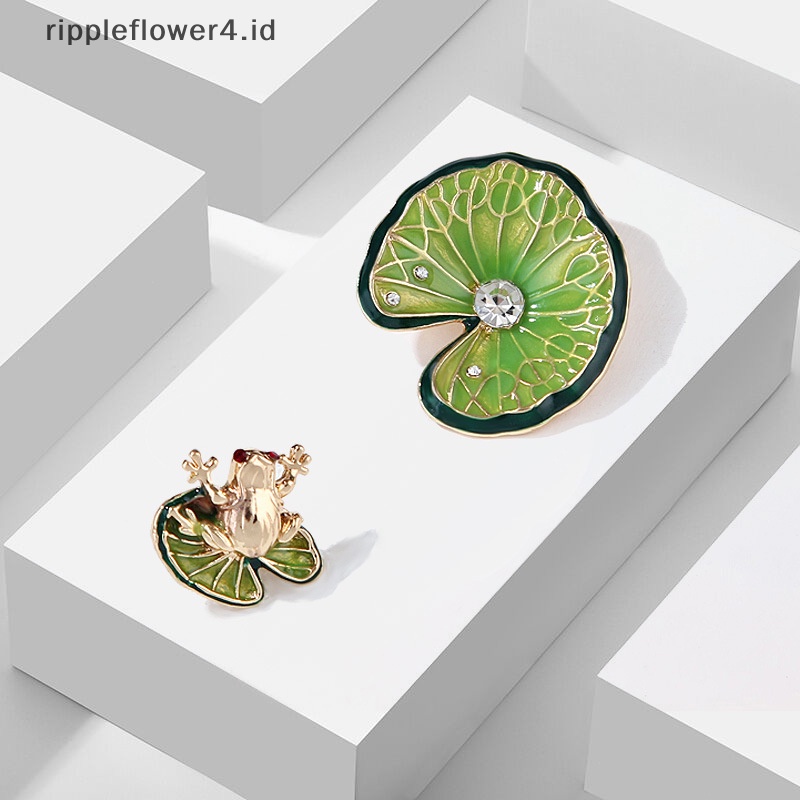 {rippleflower4.id} 2pcs Mode Daun Teratai Kodok Berlian Imitasi Bros Pin Untuk Pakaian Wanita Pesta Perhiasan Accessries~