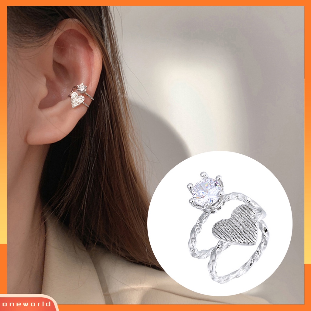 [WOD] 1pc Wanita Klip Telinga Tanpa Tindik Memutar Colorfast Shiny Rhinestone Indah Bentuk Hati Lady Earrings Hadiah