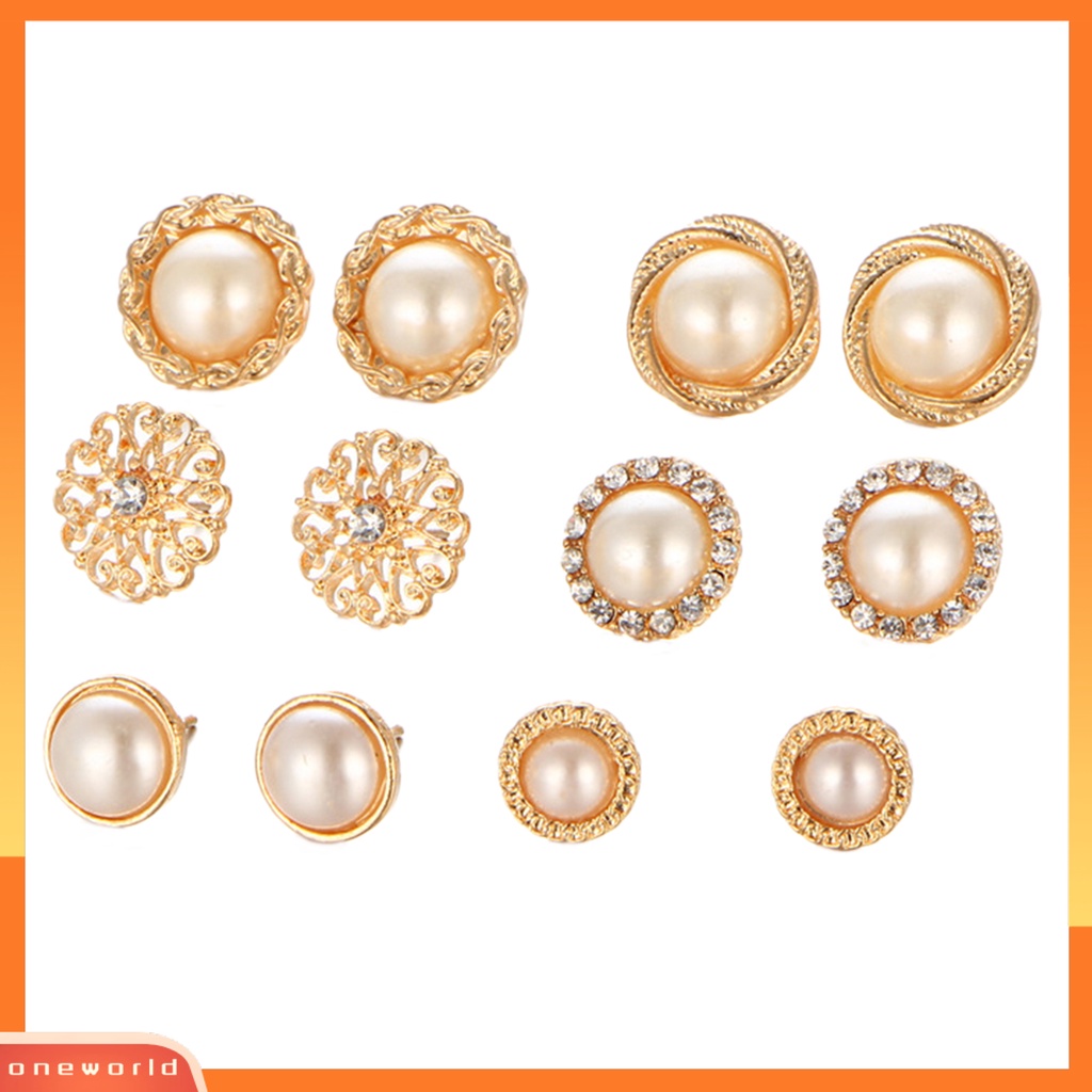 [WOD] 6pasang Anting Stud Bulat Berlian Imitasi Mengkilap Hias Electroplating Semua Pertandingan Dekorasi Hadiah Faux Pearl Flower Women Ear Studs Jewelry Untuk Pacaran