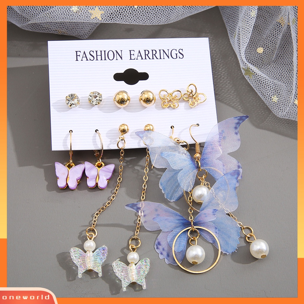 [WOD] 6pasang Anting Menjuntai Rumbai Panjang Berlian Imitasi Mengkilap Asimetris Kilau Terang Semua Pertandingan Dekorasi Hadiah Wanita Kupu-Kupu Mutiara Imitasi Pendant Earrings Ear Studs Untuk Perjamuan