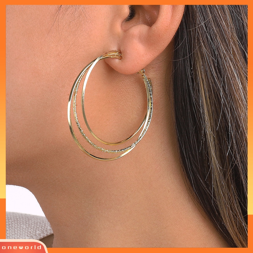 [WOD] 1pasang Anting Hoop Berlebihan Lingkaran Besar Multilayer Geometris Halus Dekorasi Hadiah Wanita Triple Ring Drop Earrings Aksesoris Fashion Perjamuan