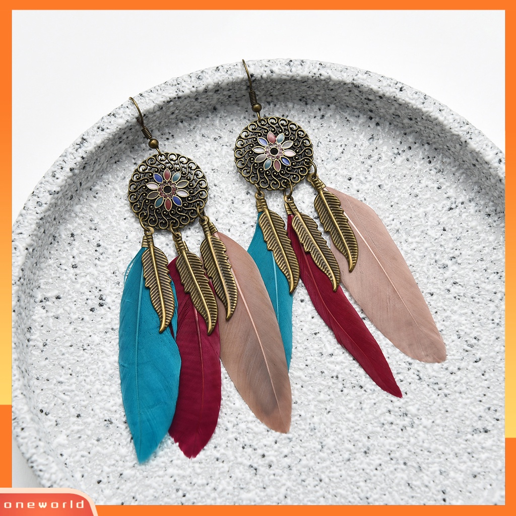 [WOD] 1pasang Manik-Manik Multicolor Retro Drop Earrings Bohemian Panjang Bulu Kait Anting Perhiasan Pesta