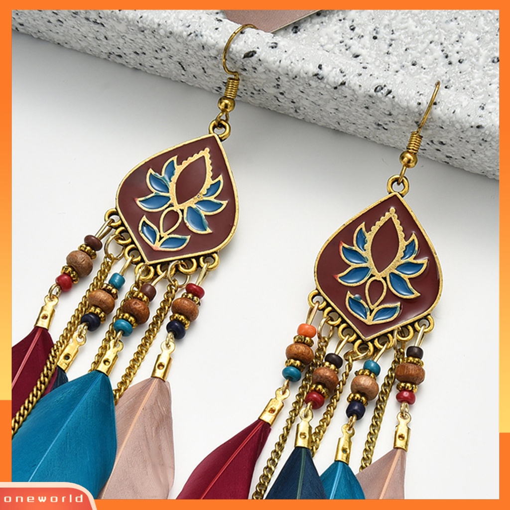 [WOD] 1pasang Manik-Manik Multicolor Retro Drop Earrings Bohemian Panjang Bulu Kait Anting Perhiasan Pesta