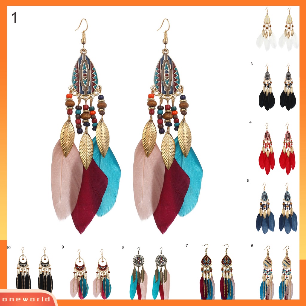 [WOD] 1pasang Manik-Manik Multicolor Retro Drop Earrings Bohemian Panjang Bulu Kait Anting Perhiasan Pesta